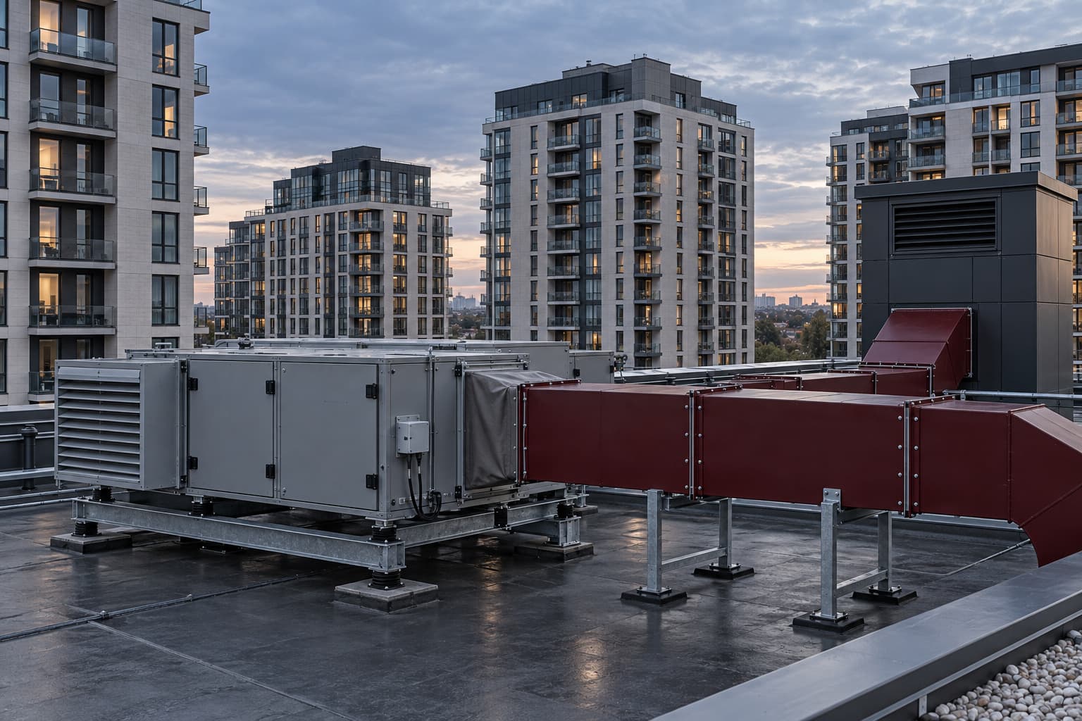 Rooftop air handling unit and oxblood ducts on a residential complex