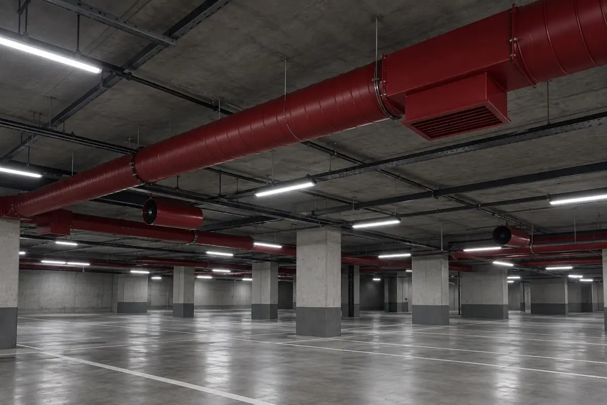Underground car park with red ventilation ducts