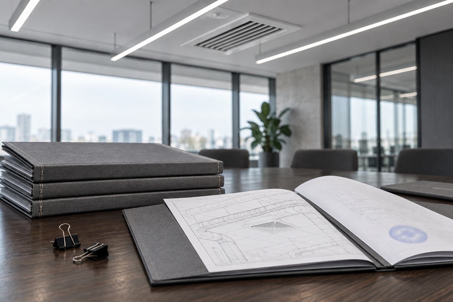 A stack of document folders and an open folder with a drawing on a meeting-room table
