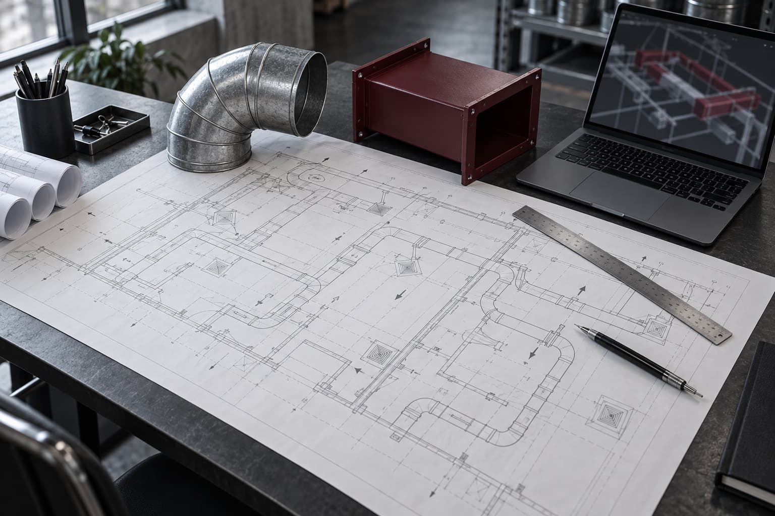 Ventilation working drawings on an engineer's desk, with a duct elbow and a laptop showing the design