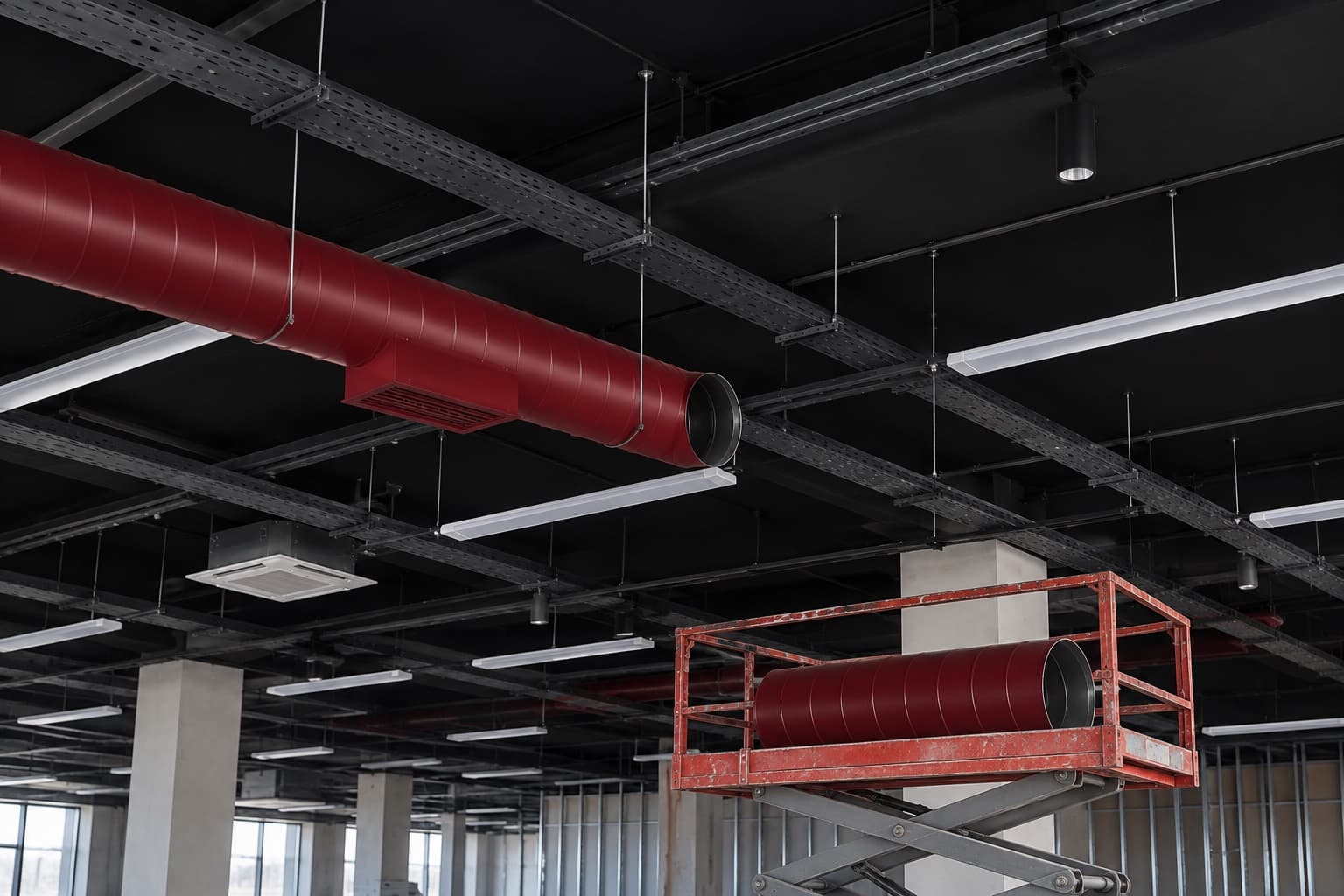 Installing a red duct under the ceiling, a lift carrying a duct section