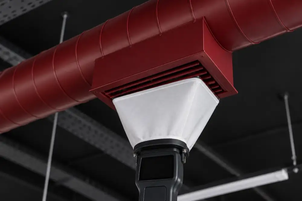 An anemometer with a hood at a ceiling supply grille