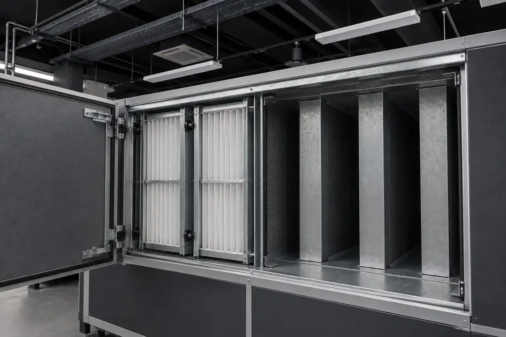 Open access panel of an air handling unit: pleated filters and a sound attenuator