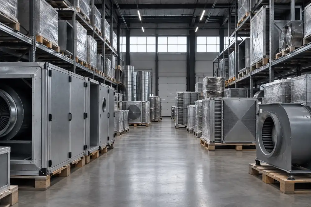 Warehouse: packaged air handling units, fans and heat recovery units on pallets